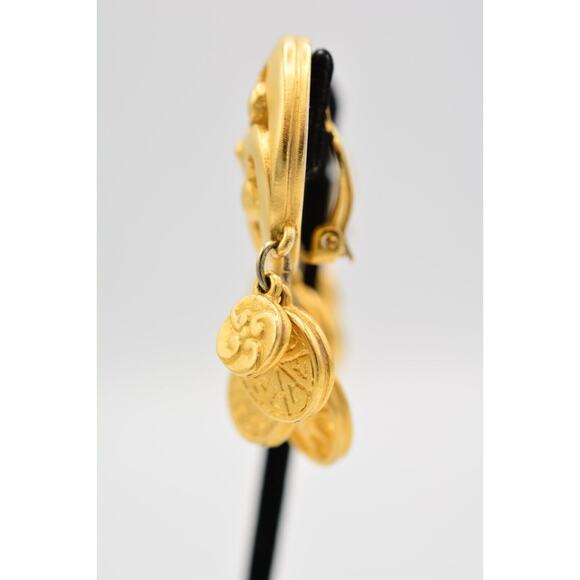Givenchy Vintage Coin Clip On Earrings Brushed Gold Logo Etruscan Signed BinQ - Picture 10 of 12